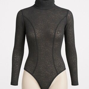 Sheer‎ Madness Black Lace Floral Long Sleeve Thong Bodysuit L Whimsigoth Grunge